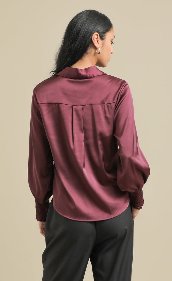 Shirred Sleeve Satin Shirt Plum