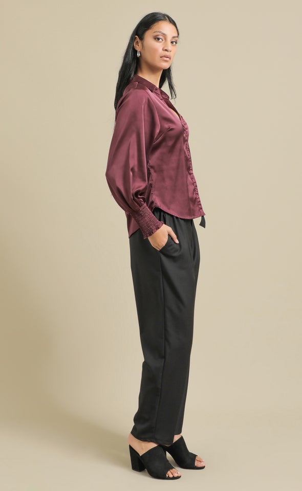 Shirred Sleeve Satin Shirt Plum