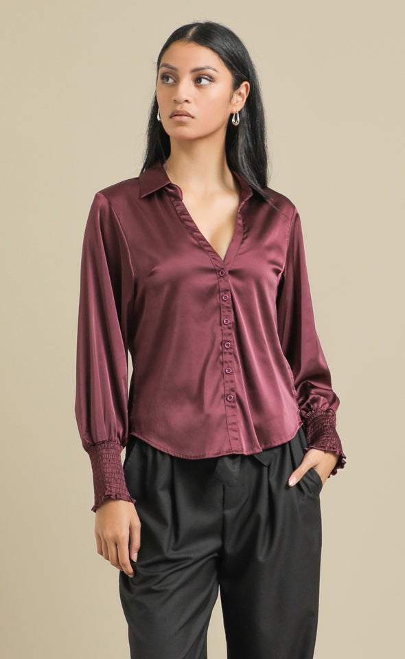 Shirred Sleeve Satin Shirt Plum