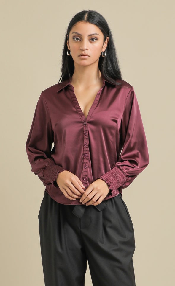 Shirred Sleeve Satin Shirt Plum