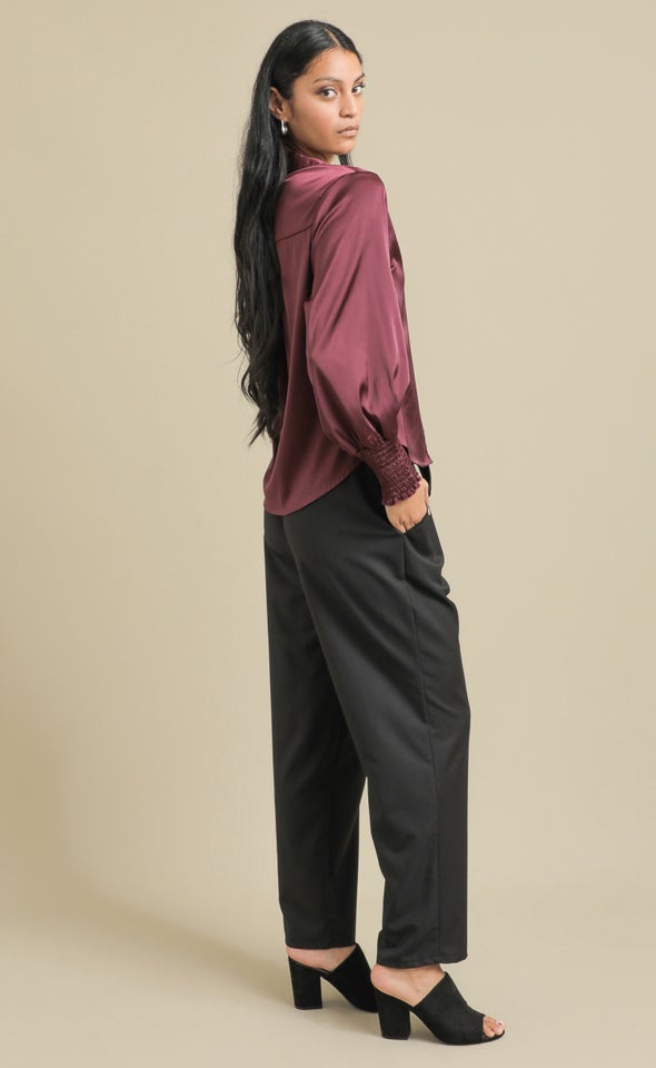 Shirred Sleeve Satin Shirt Plum