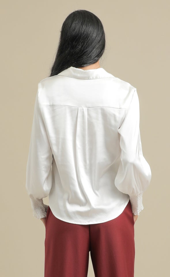 Shirred Sleeve Satin Shirt White