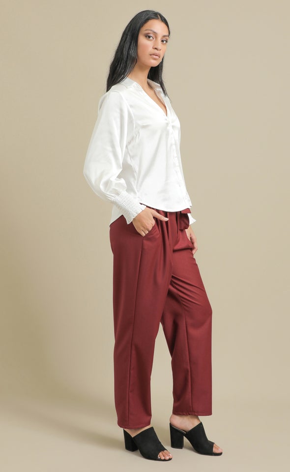 Shirred Sleeve Satin Shirt White