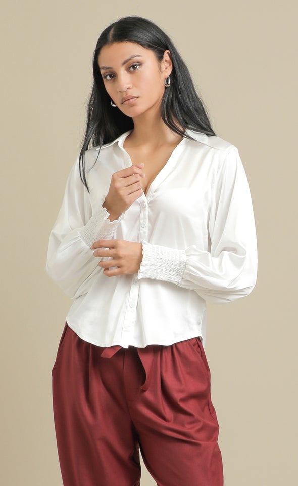 Shirred Sleeve Satin Shirt White