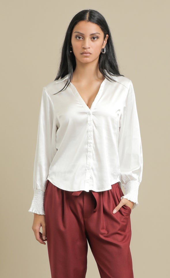 Shirred Sleeve Satin Shirt White