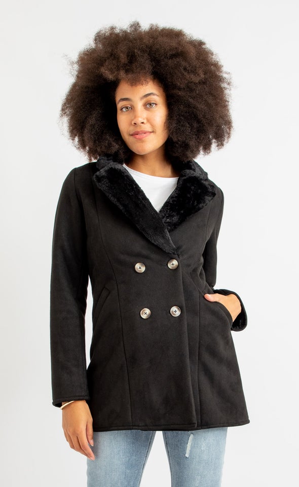 Short Faux Fur Lined Coat Black