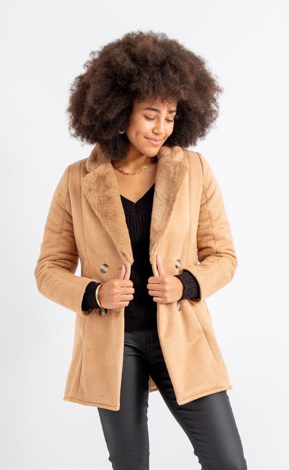 Short Faux Fur Lined Coat Pagani Short Faux Fur Lined Coat Pagani, Beige Faux Fur Black Belted Short Coat
