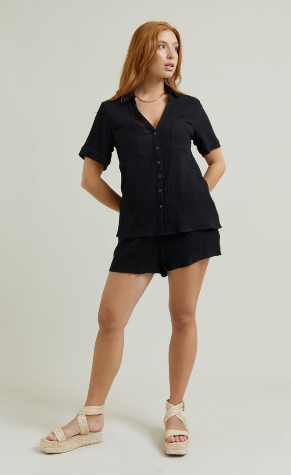 Short Sleeve Crinkle Shirt Black