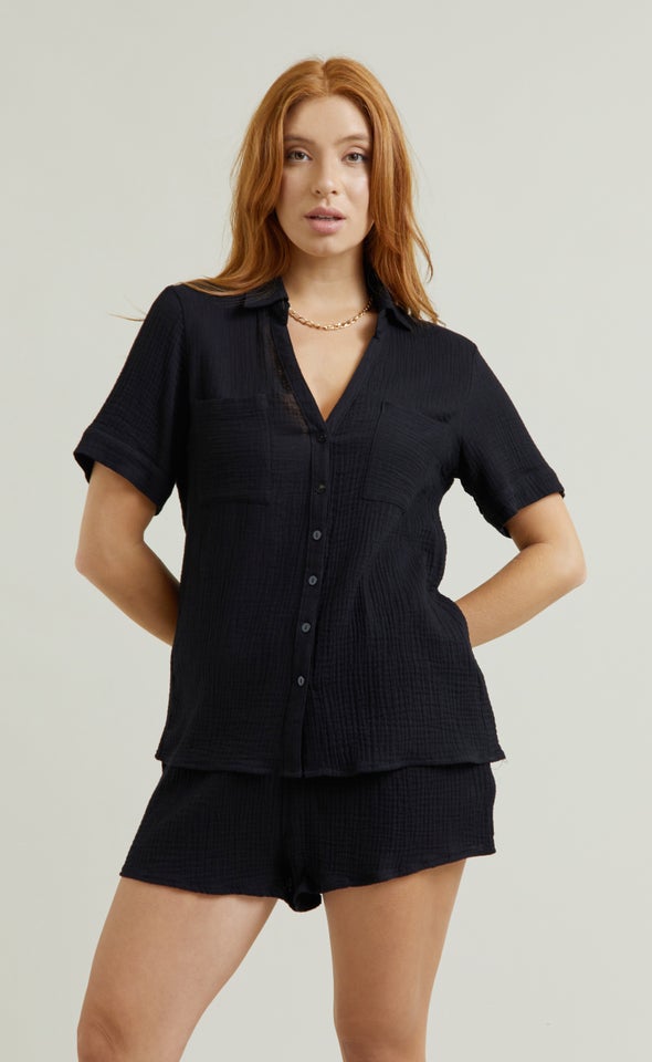 Short Sleeve Crinkle Shirt Black