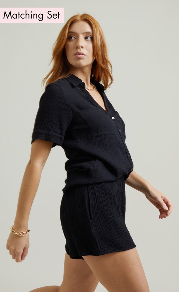 Short Sleeve Crinkle Shirt Black