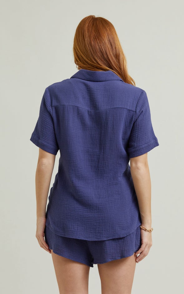 Short Sleeve Crinkle Shirt Blue