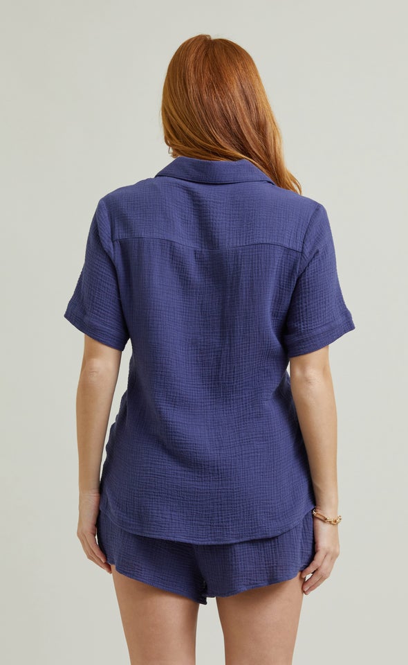 Short Sleeve Crinkle Shirt Blue