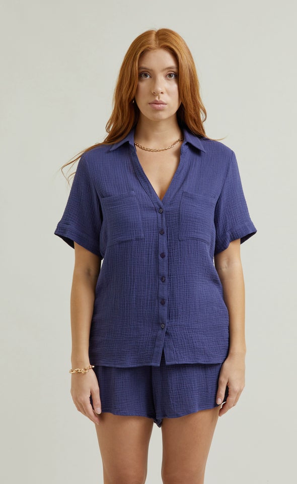 Short Sleeve Crinkle Shirt Blue