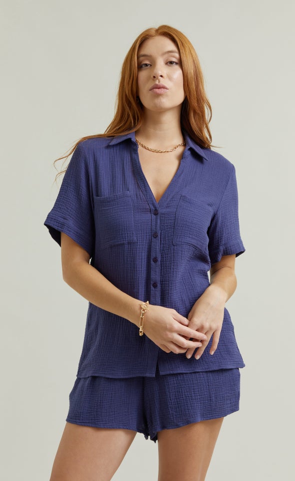 Short Sleeve Crinkle Shirt Blue