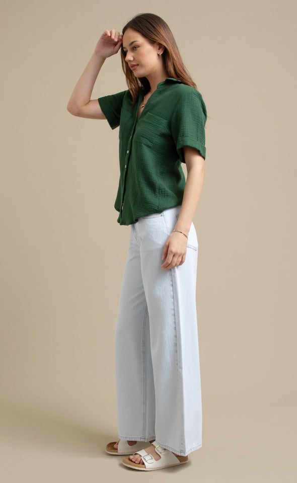 Short Sleeve Crinkle Shirt Olive
