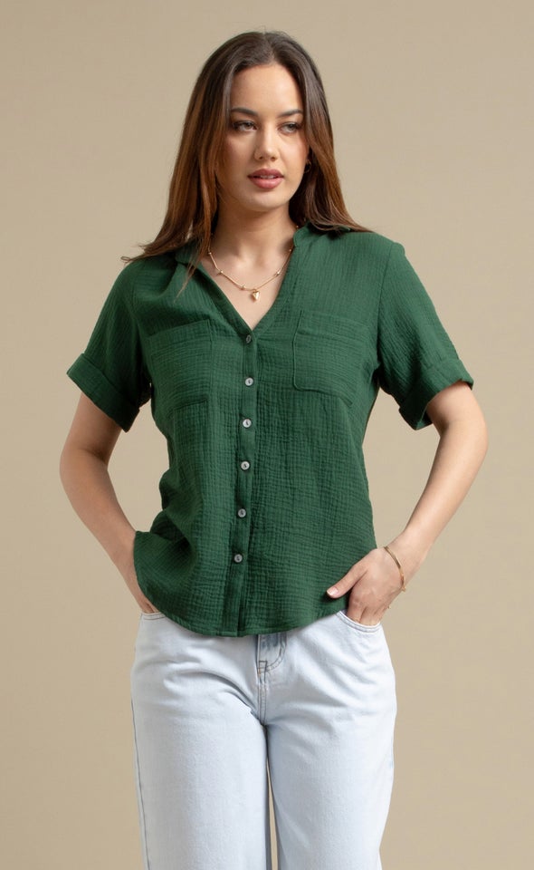 Short Sleeve Crinkle Shirt Olive