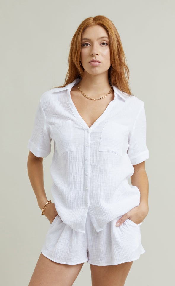 Short Sleeve Crinkle Shirt White