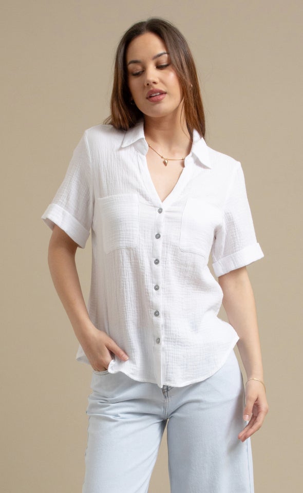 Short Sleeve Crinkle Shirt White