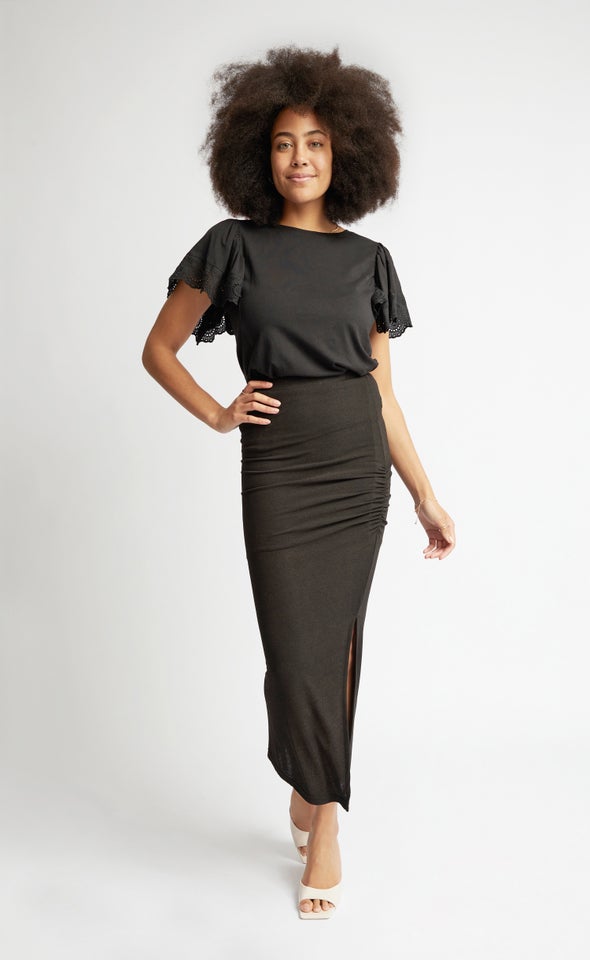 Side Ruched Midi Skirt Black