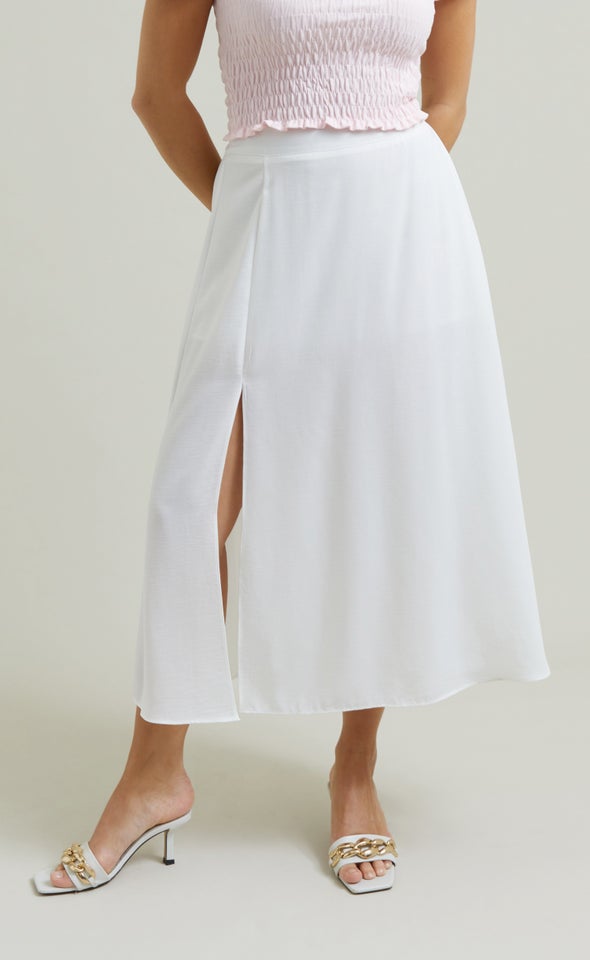 Side Split Midi Skirt White