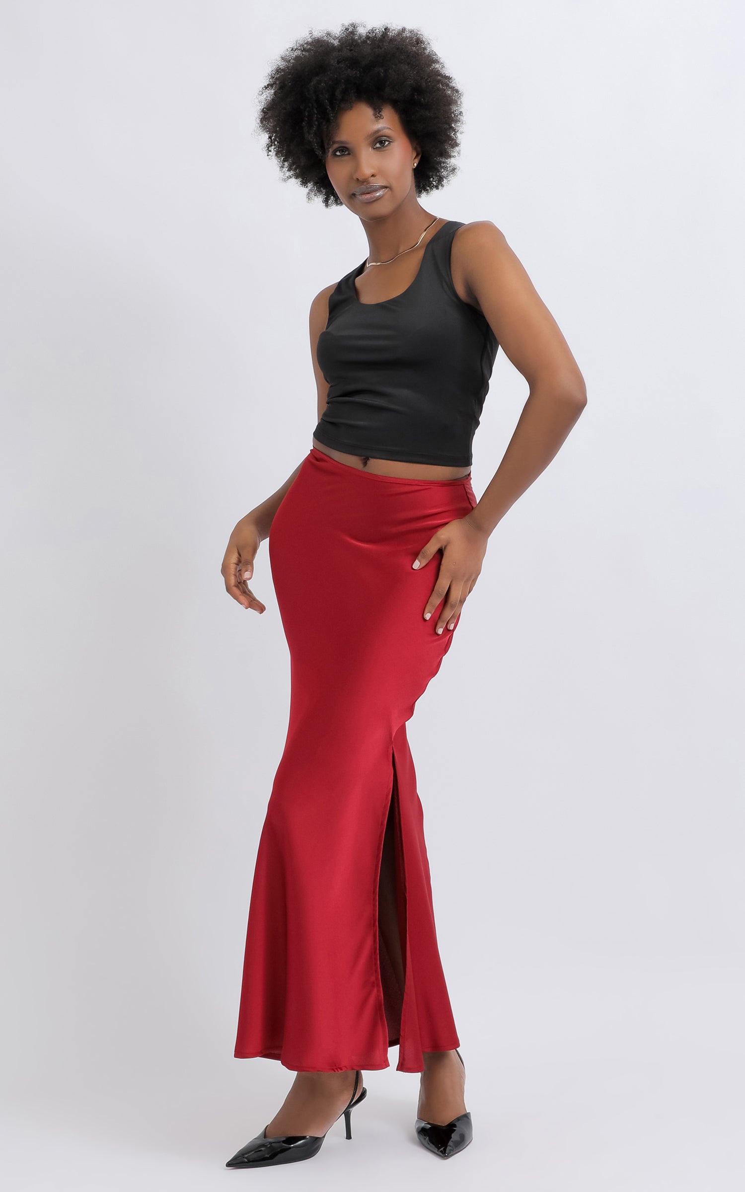 Shop our Side Split Satin Maxi Skirt in Maroon | Pagani