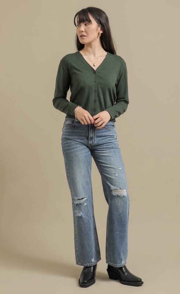 Single Jersey Button Front Cardi Olive