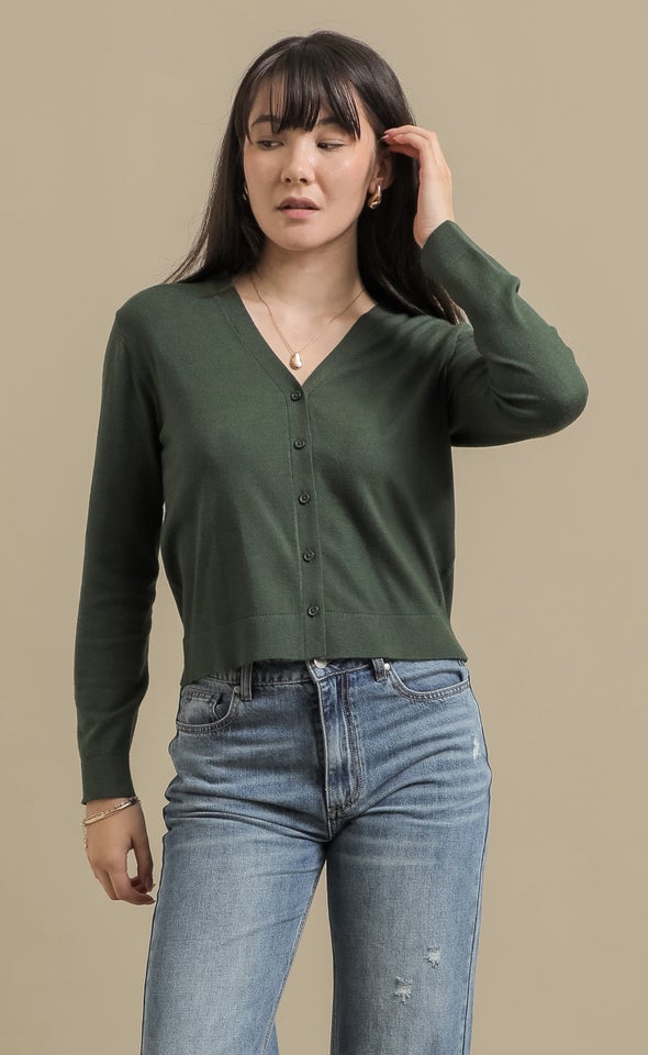 Single Jersey Button Front Cardi Olive