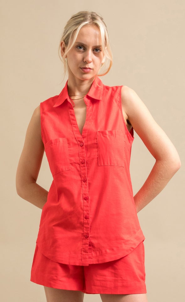 Sleeveless Linen Blend Shirt Watermelon