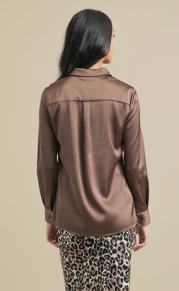 Slimline Satin Shirt Chocolate