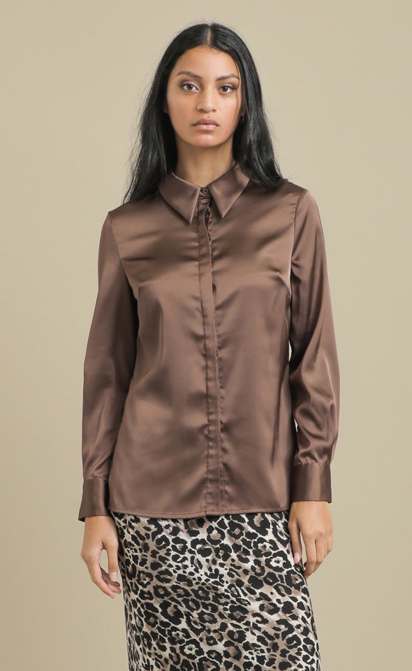 Slimline Satin Shirt Chocolate