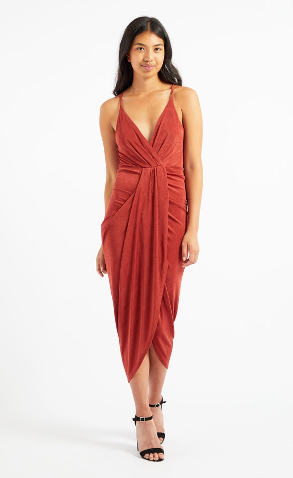 Slinky Jersey Pleated Detail Dress Rust