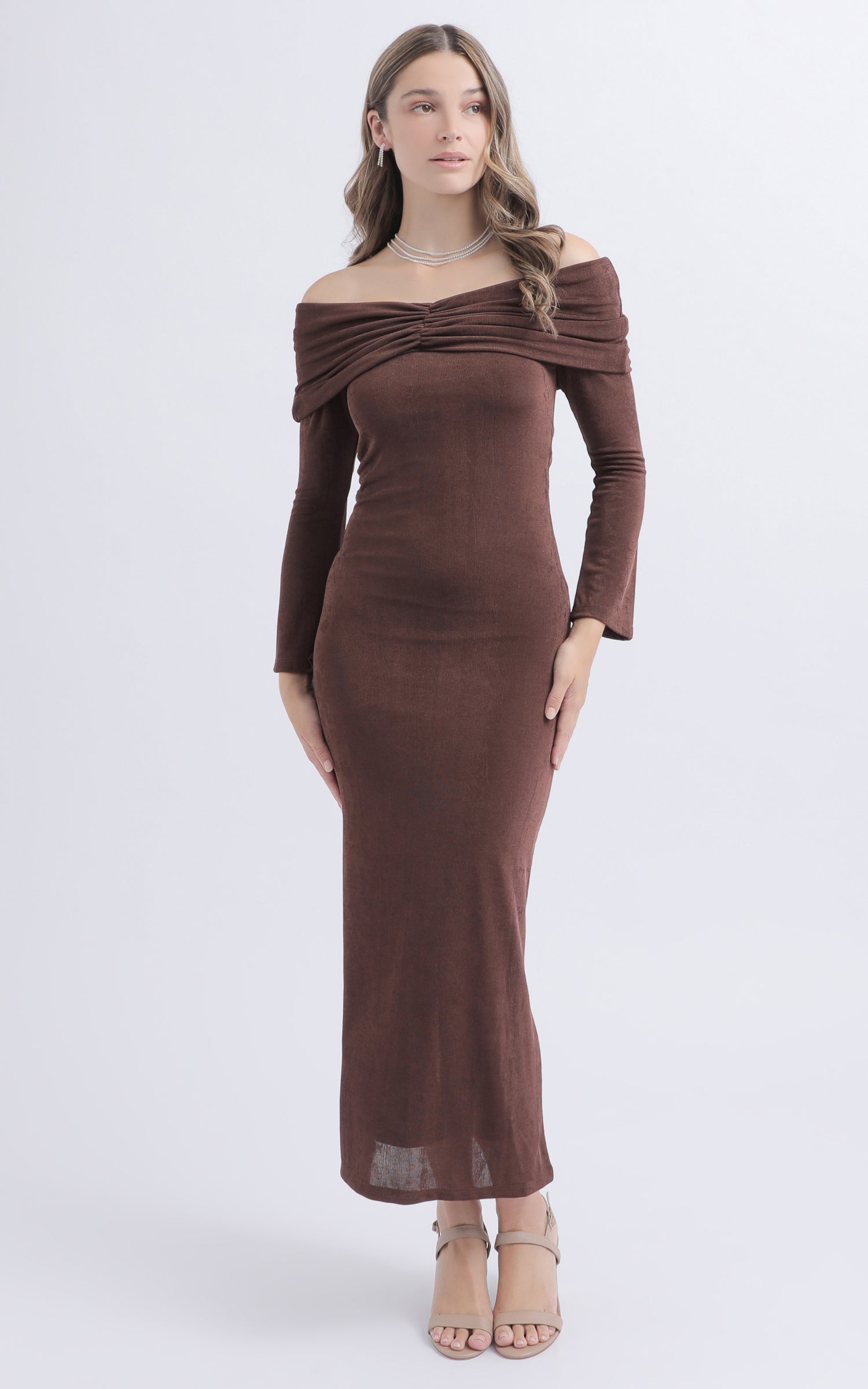 Shop our Slinky Knit Off Shoulder Maxi in Brown | Pagani