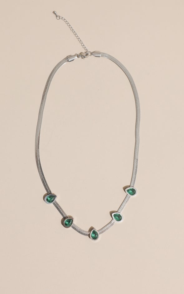 Snake Chain Gem Necklace Silver/emerald