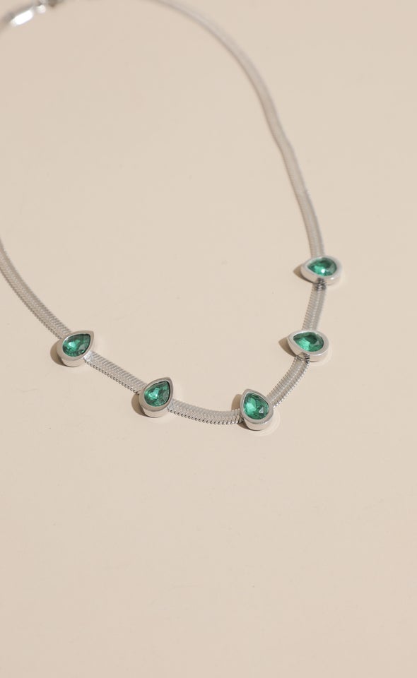 Snake Chain Gem Necklace Silver/emerald