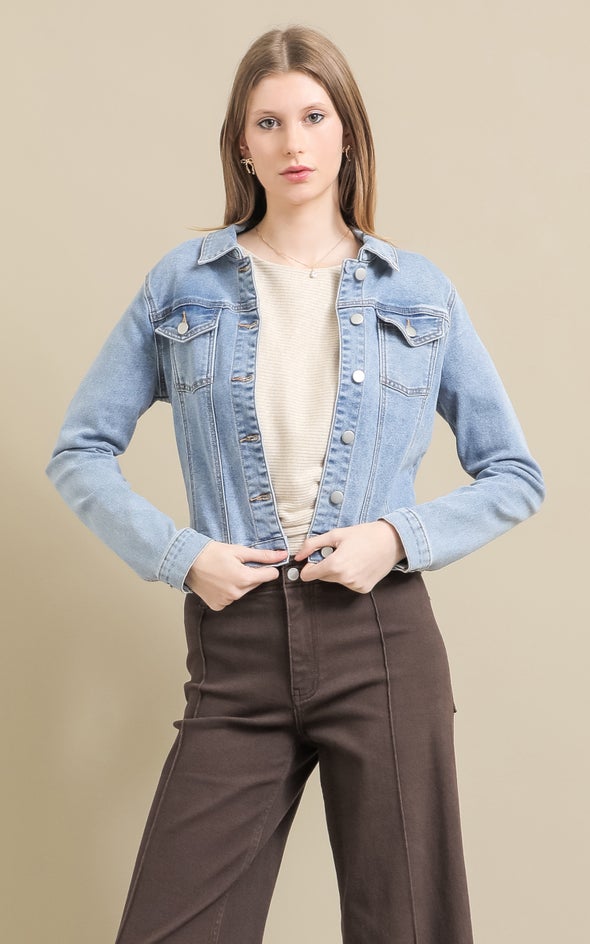 Button Softest Denim Jacket June Collarless Cropped Blue Denim
