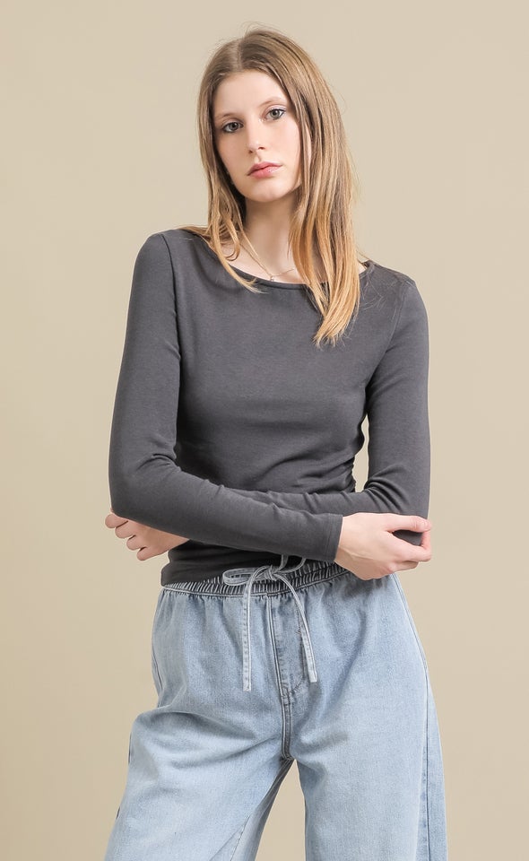 Soft Jersey Boat Neck Top Charcoal