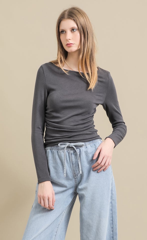 Soft Jersey Boat Neck Top Charcoal