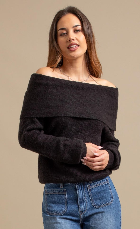 Soft Knit Bardot Sweater Black