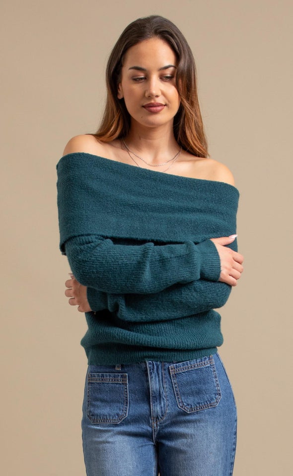 Soft Knit Bardot Sweater Emerald