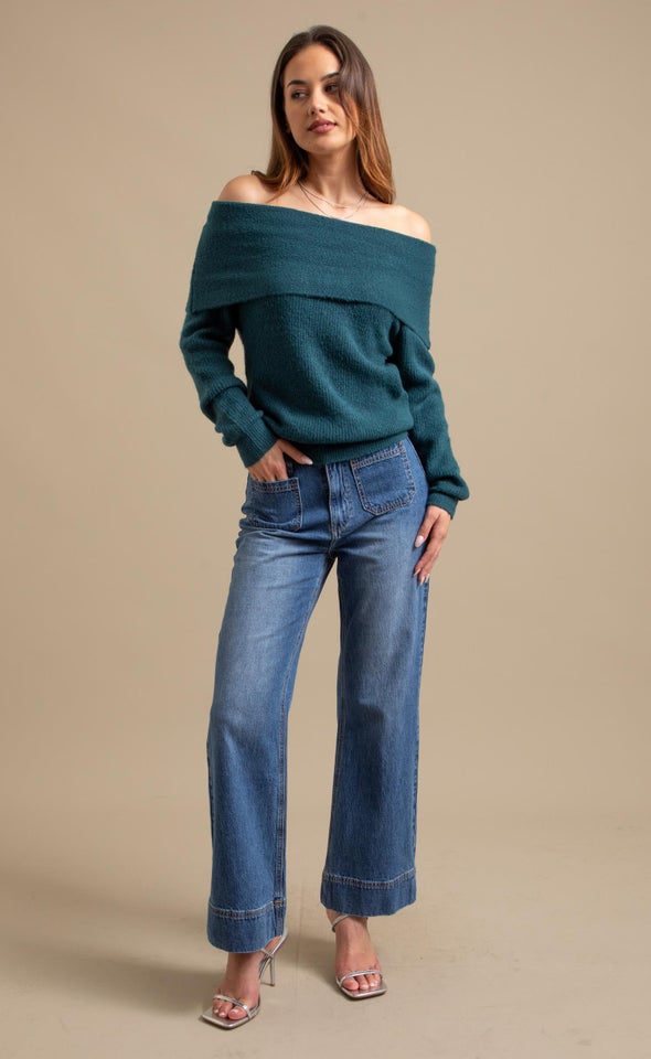 Soft Knit Bardot Sweater Emerald