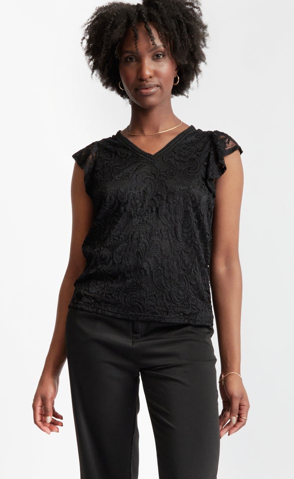 Soft Lace Flutter Sleeve Top Black