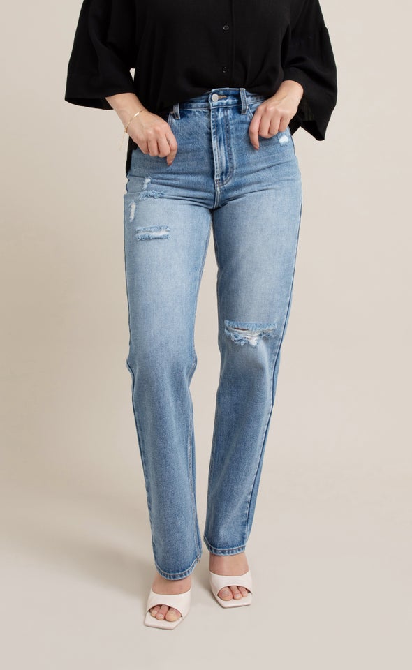 Straight Leg Distressed Jean Blue