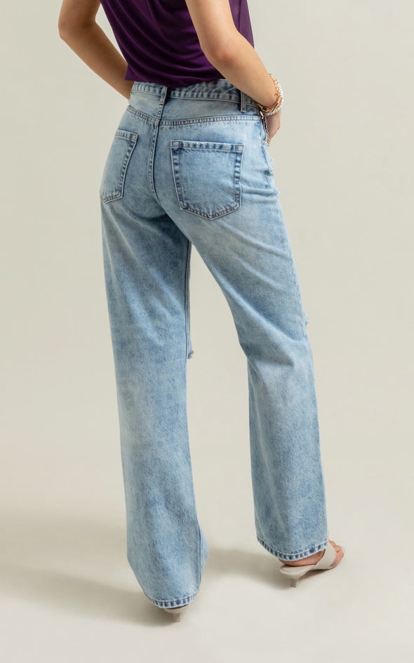 Straight Leg Ripped Knee Jeans Blue