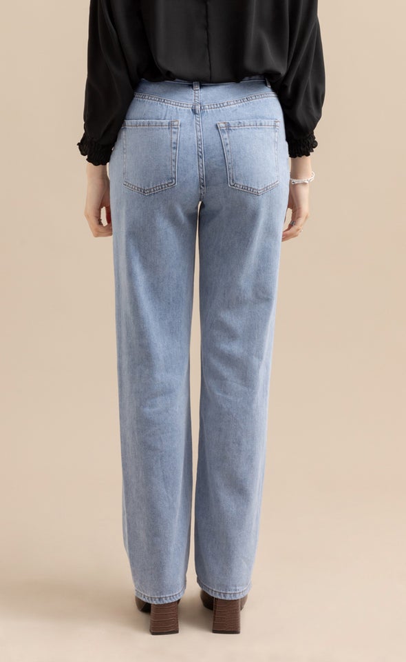 Straight Leg Ripped Knee Jeans Blue