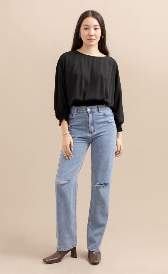Straight Leg Ripped Knee Jeans Blue