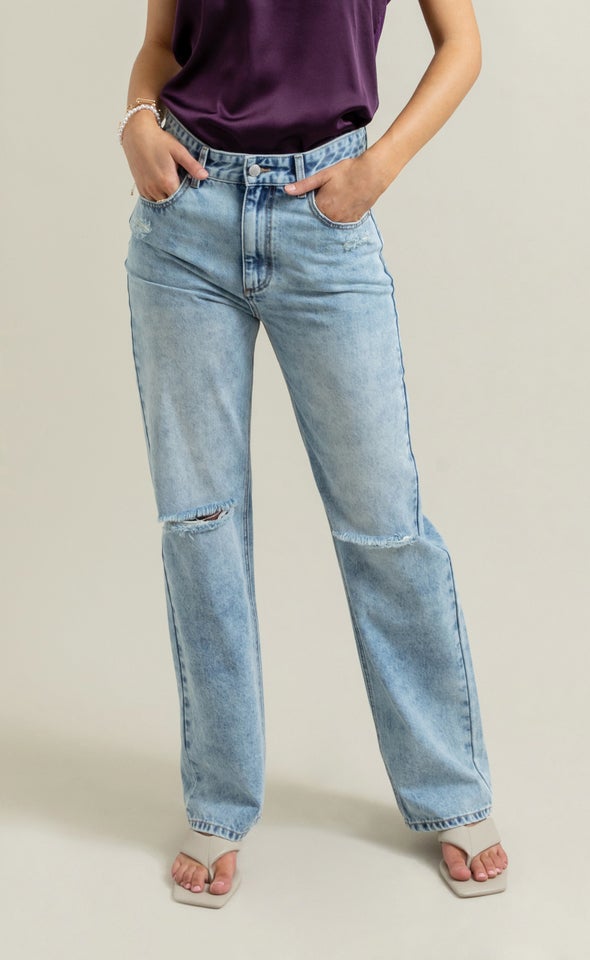 Straight Leg Ripped Knee Jeans Blue