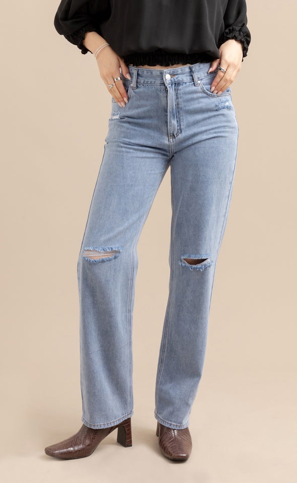 Straight Leg Ripped Knee Jeans Blue