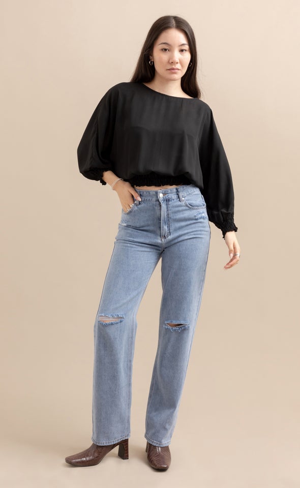Straight Leg Ripped Knee Jeans Blue