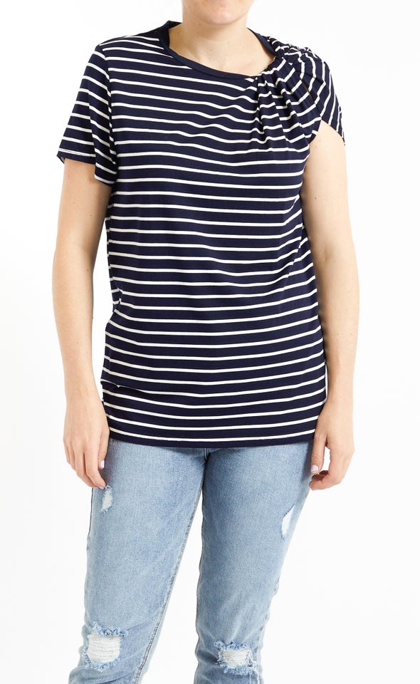 Stripe Jersey Twist Shoulder Tee Navy/white