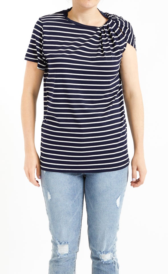 Stripe Jersey Twist Shoulder Tee Navy/white